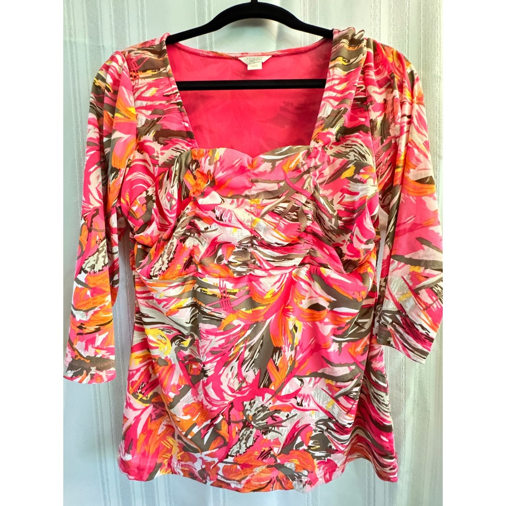 Christopher & Banks Pink Tropical Floral Ruched Square Neck 3/4 Sleeve Top XL